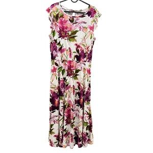 Lascana 10 Short White Pink Floral A-Line Dress Flutter Cap Sleeves Romantic